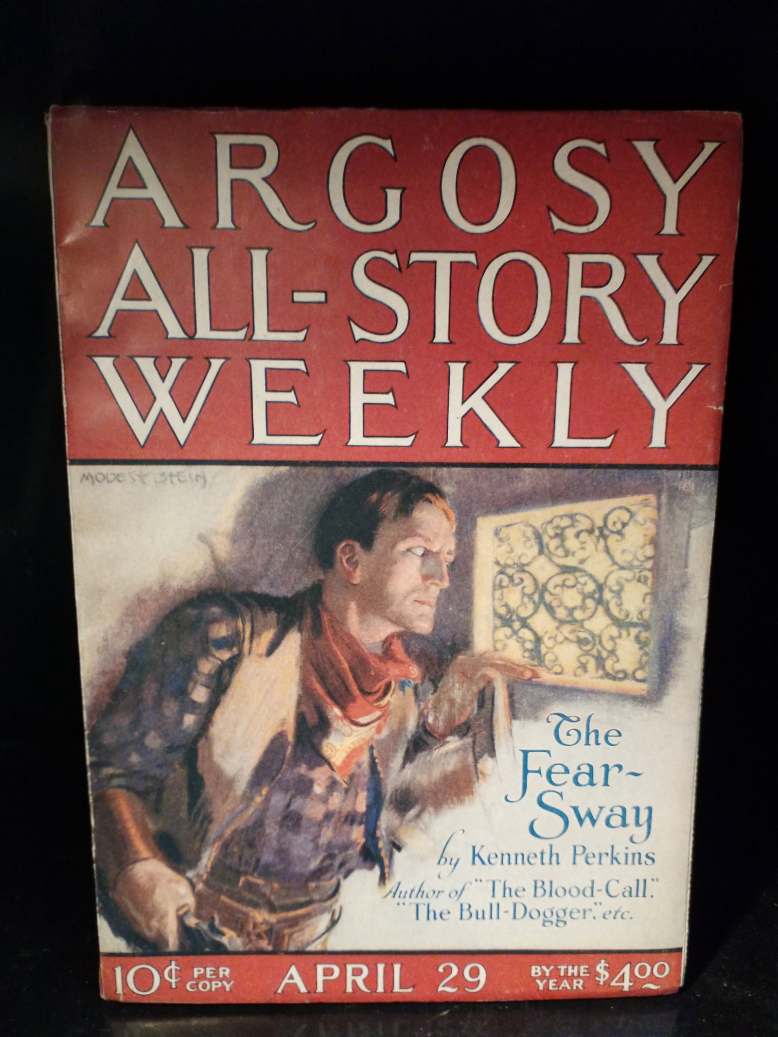 Apr. 29 1922 Golden Age Pulp Argosy All Star Weekly The Fear Sway by Kenneth Perkins VF: In Exceptional ConditionCover Art: The illustration depicting a cautious cowboy peeking out from behind a wall was painted by Modest Stein, a prominent and prolific cover artist for Munsey publication