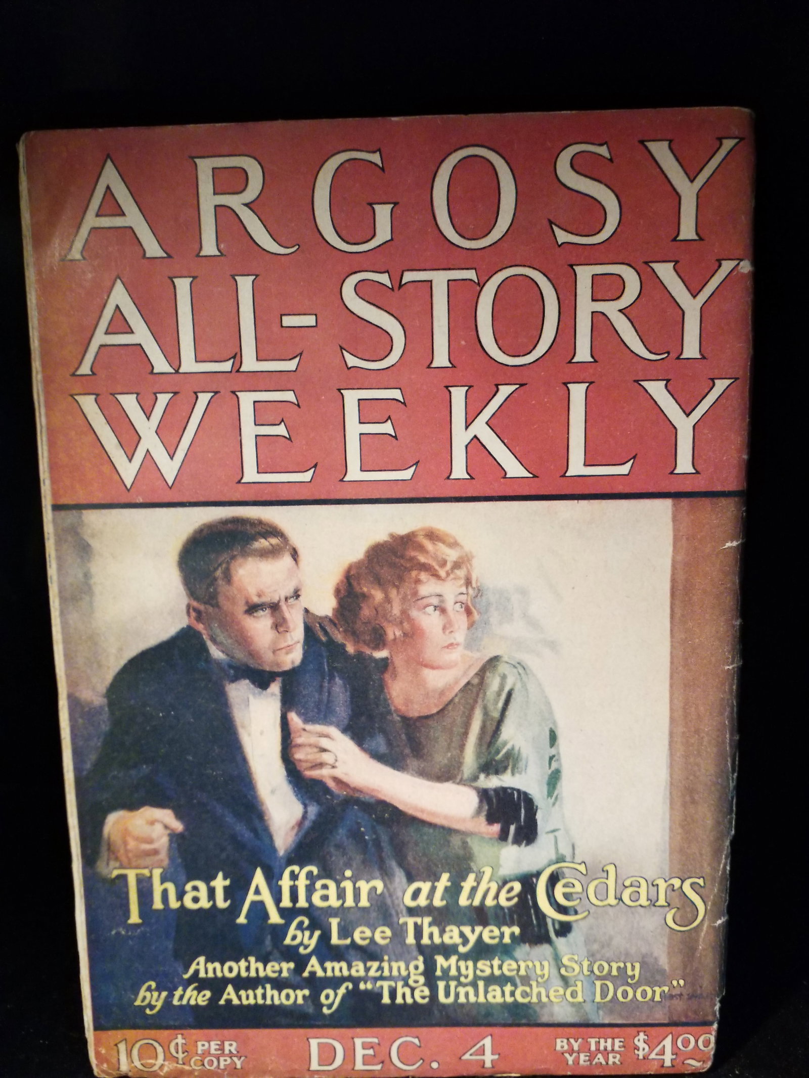Dec. 4 1920 Golden Age Pulp Argosy All Star Weekly That Affair at the Cedars Lee Thayer Mystery VG+: This is a vintage December 4, 1920 issue of Argosy All-Story Weekly featuring the mystery story "That Affair at the Cedars" by Lee ThayerPublication History: Argosy was founded in 1882 and is recogniz