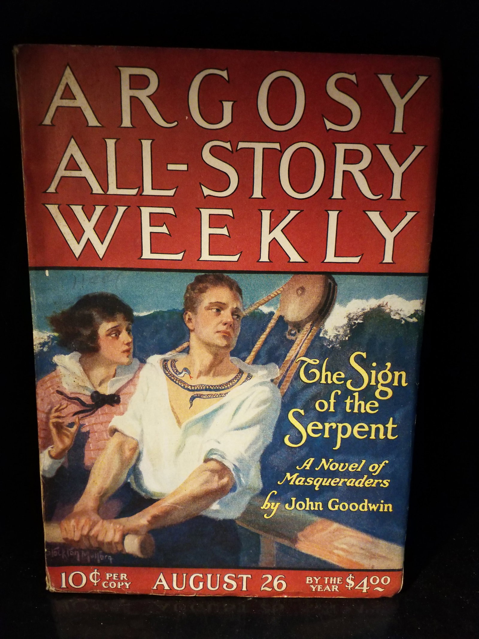 Golden Age Pulp Argosy All Star Weekly Aug 26 1922 Sign of the Serpent John Goodwin VG+-F: This is an original issue of Argosy All-Story Weekly pulp magazine dated August 26, 1922Featured Story: This specific issue features the premiere of The Sign of the Serpent (Part 1 of 7), a serial nov