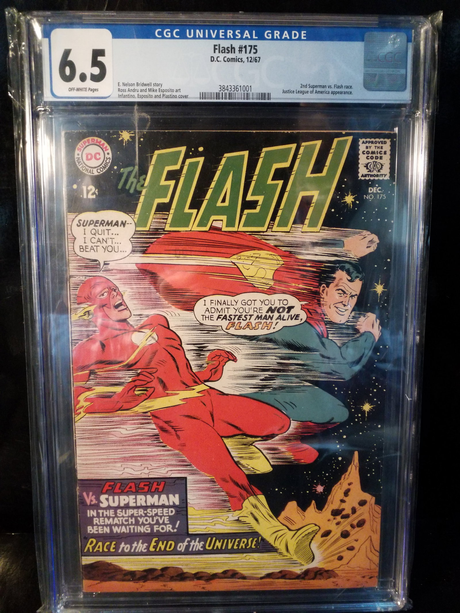 1967 Flash 175 CGC 6.5 2nd Superman Flash Race with Justice League Appearance Graded Rare: CGC Graded Flash Comic #175Adding Comic books and other items daily to our current sale! All Comics come bagged and boarded, Please view pictures. Comic books being added daily to this current sale. P