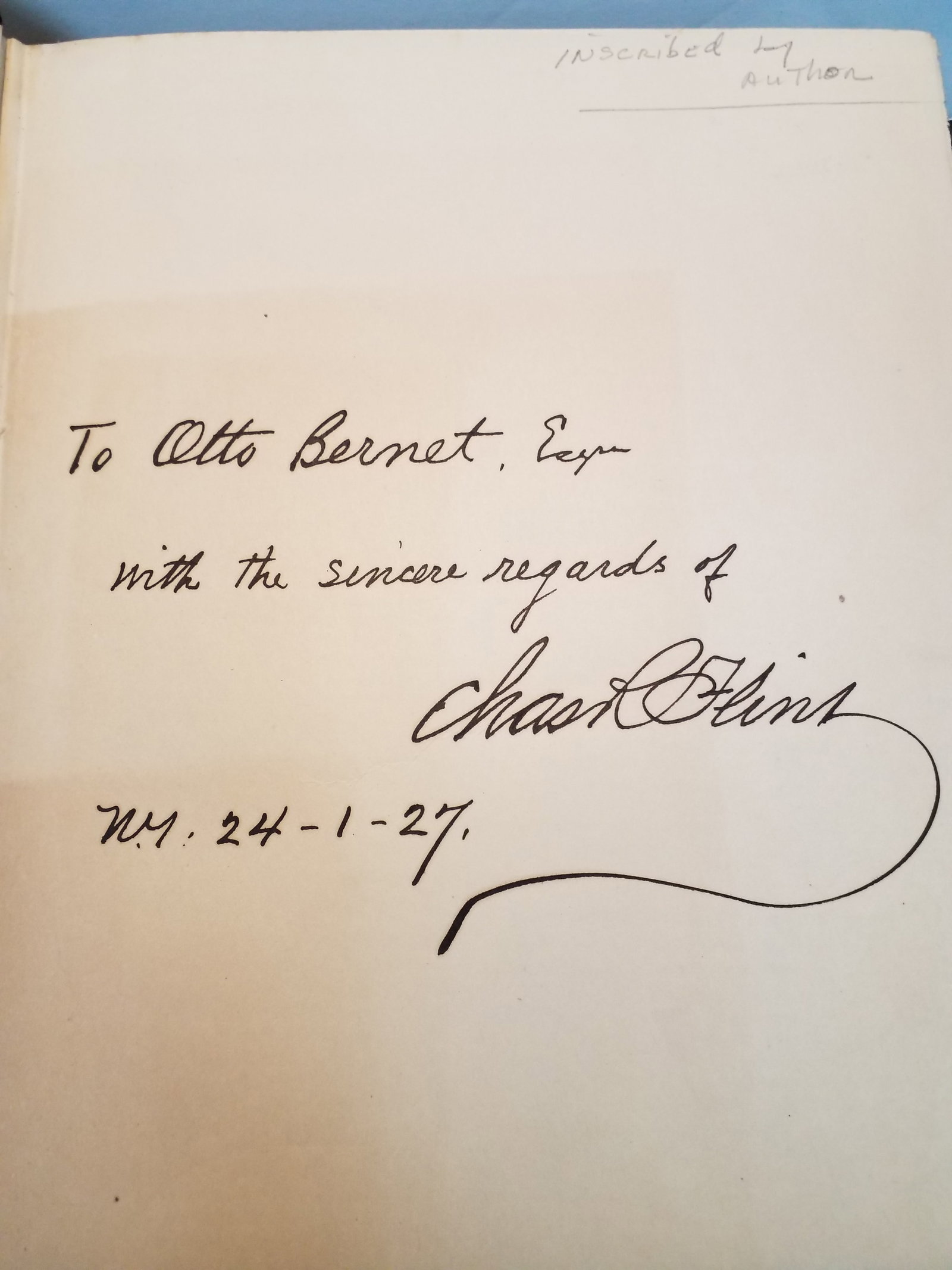 Scarce Memories of An active Life Hand Signed by Charles Flint IBM Founder 1923 frontis: Hand Signed by IBM Founder Charles R Flint , With Frontis , hand signed by Fint on first fly leaf , inscription reads- " To otto Bernet Esq. with the Sincere Regards of Charles Flint, Nm. 24-1-27 Auth
