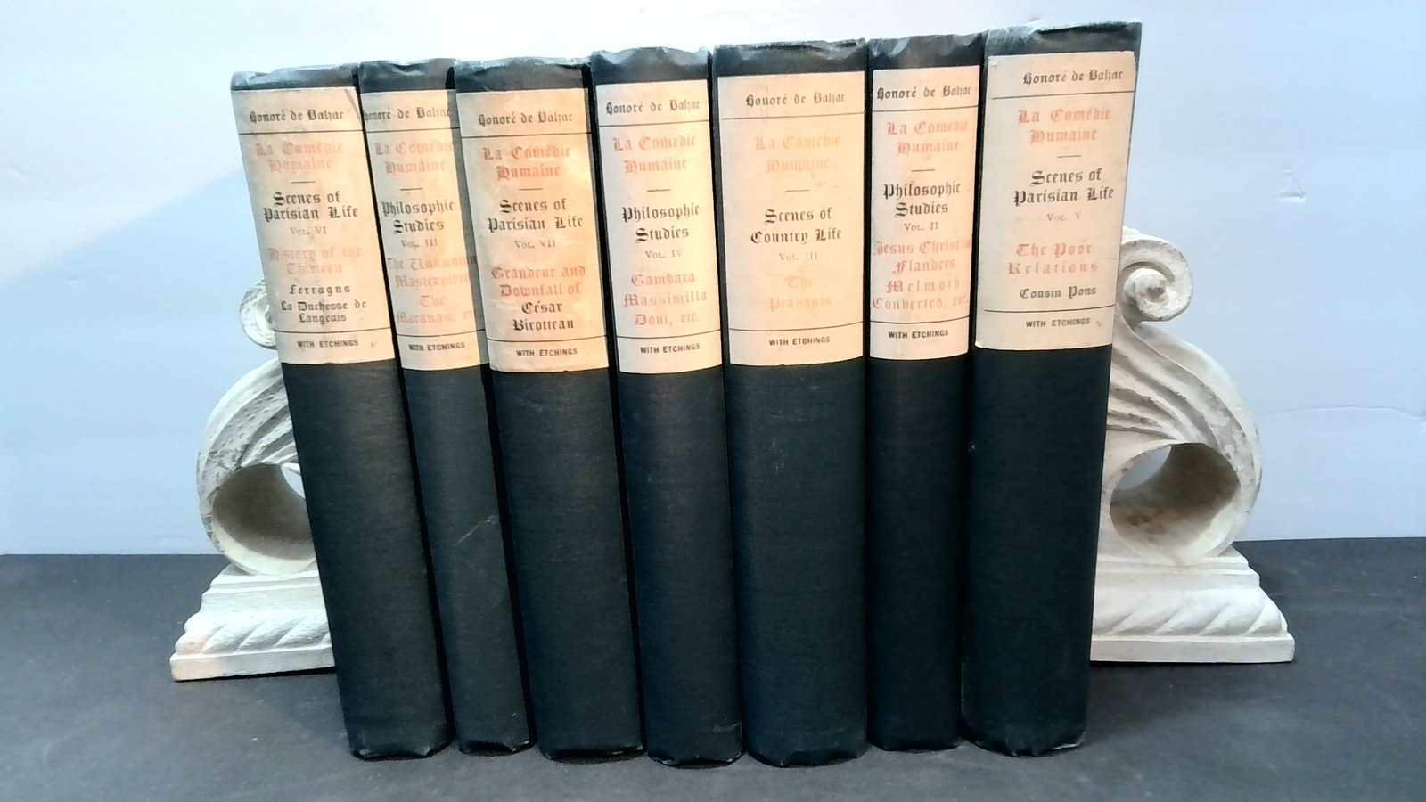 8 volumes of Honore De Balzac With Etchings and Frontis Nice Decor for your Den or Library: Includes Titles Scenes of Country Life, Scenes of Parisians Life , the Philosophical Studies, Some volumes are part of a larger set, many of the volumes stand alone and single stories others with orig