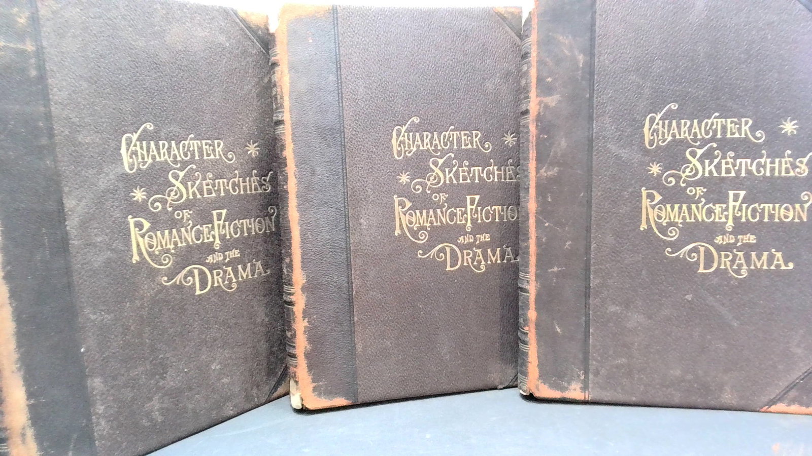 1902 Character Sketches of Romance Fiction and Drama Volumes I,II,V Brewer , Full Page Plates: Attractive Antique volumes, Includes Volumes I,II, and V. Published by Selmar Hess 1902, Illustrated Plates with tissue guards, , 1/4 leather, with gilt edged pages, internally bright. With some chipp
