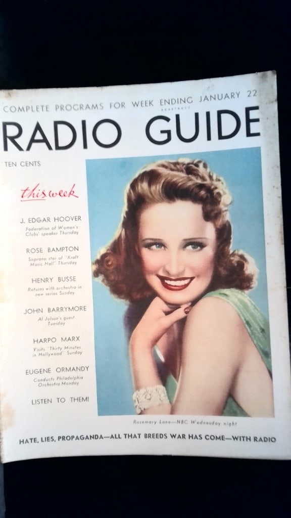 Vtg Radio Guide Magazine Jan 22 1938: Vtg Radio Guide Magazine, Jan 22, 1938, Rosemary Lane Cover, Incl Radio Program Listings, Articles, Vtg Advertisements, Studebaker Contest Back Cover.