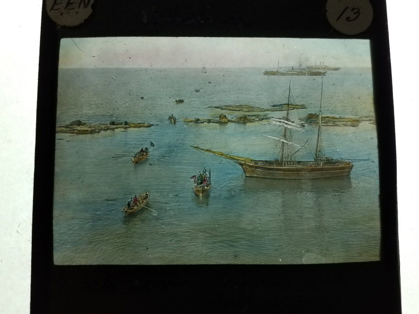 1880s Magic Lantern Slide Boats Coming Ashore in the Holy Land color Glass Photograph (1 of 1)