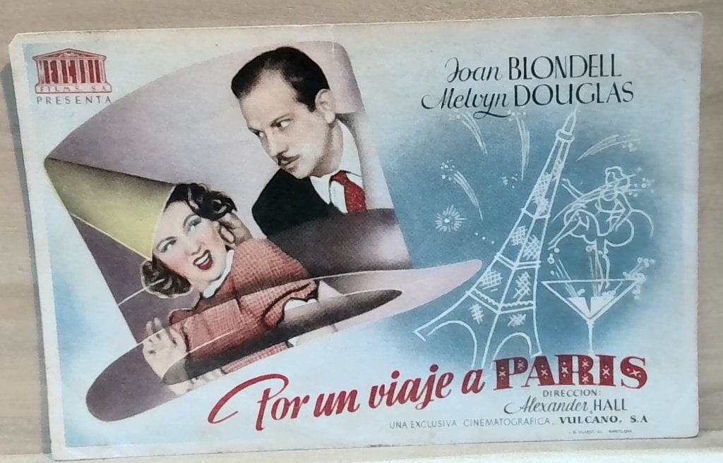 Vtg Spanish Cinema Lobby Card Por Un Viaje A: Vtg Spanish Cinema Lobby Card, Por Un Viaje A Paris, Starring Joan Blondell And Melvyn Douglas, Mercury Films, 1939, Stamped Cine Avenida 1946.