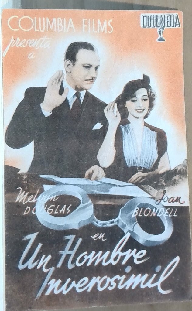 Vtg Spanish Movie Lobby Card Un Hombre: Vtg Spanish Movie Lobby Card, Un Hombre Inverosimil, 1939, Starring Melvyn Douglas, Joan Blondell, Columbia Films, Cine Covadonga Stamp.