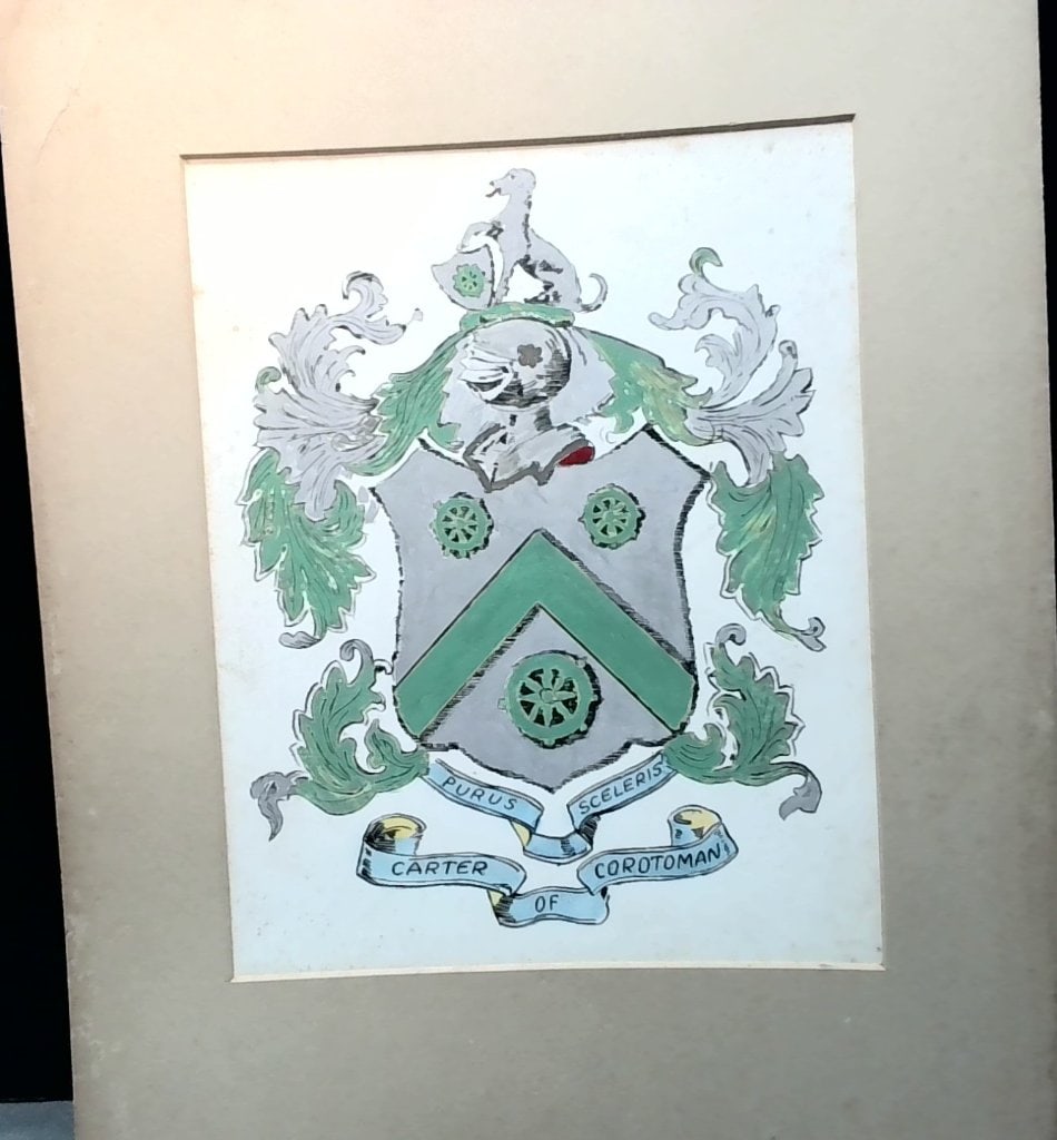 Hand-Painted Carter Coat Of Arms: Hand-Painted Heraldic Coat Of Arms, Carter Of Corotoman, Purus Sceleris, Inscribed Verso.