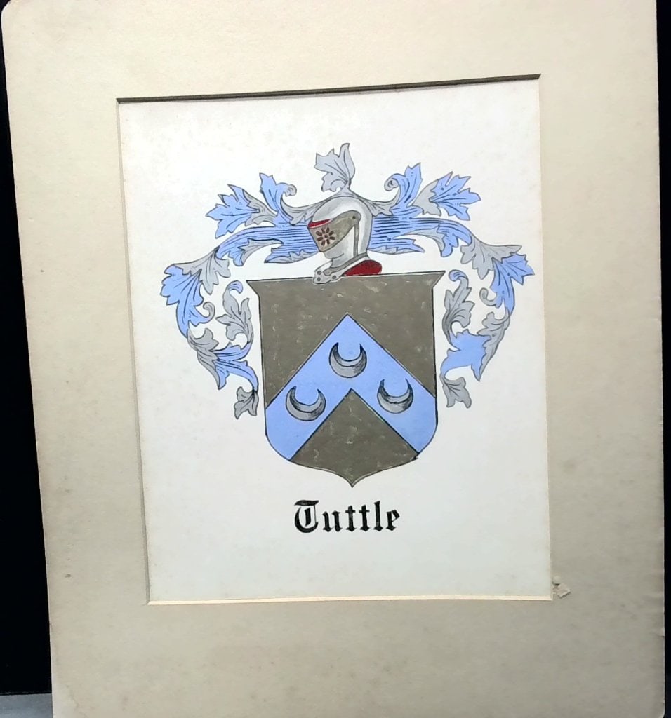 Tuttle Family Coat Of Arms Watercolor: Hand-Painted Tuttle Family Coat Of Arms, Watercolor On Paper, Mounted On Cardstock, Inscribed On Verso.