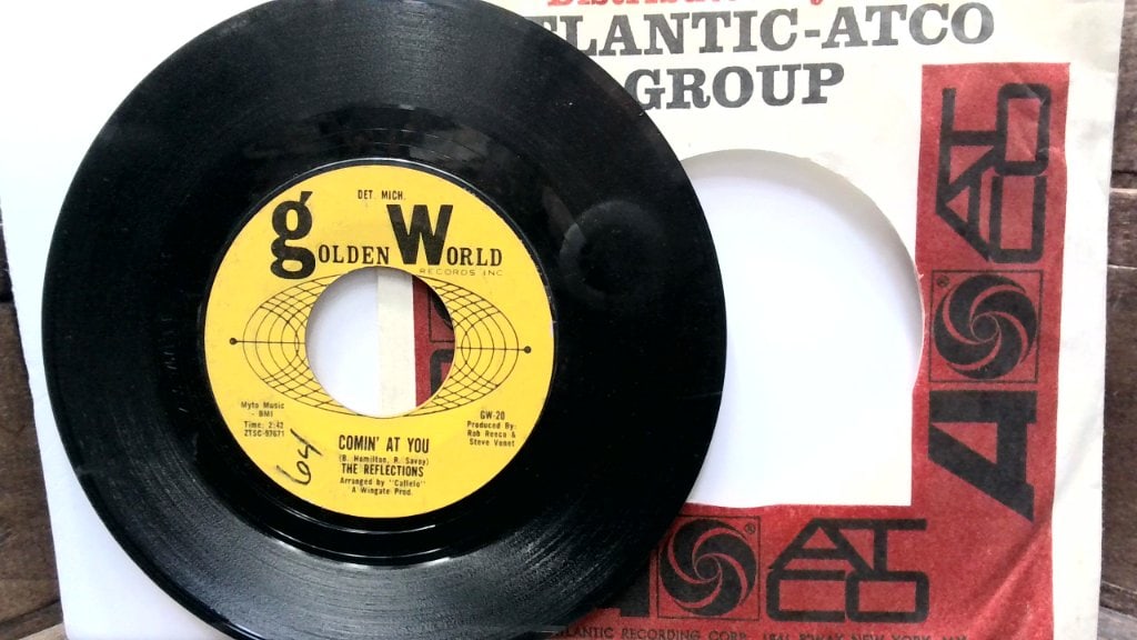 The Reflections Comin' At You 45 RPM Record: The Reflections, Comin' At You / Poor Man's Son, Golden World Records, 45 RPM Vinyl Record, GW-20, Atlantic-Atco Group Sleeve.