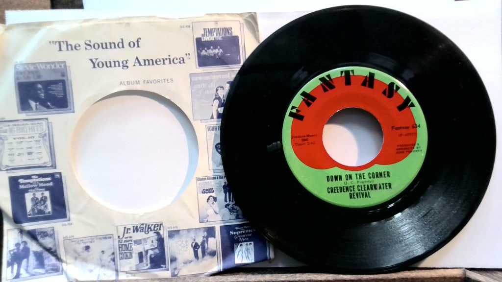 CCR Down On The Corner 45 RPM: Creedence Clearwater Revival, Down On The Corner / Fortunate Son, Vtg 45 RPM Vinyl Record, Fantasy Label, No 634, Motown Sleeve.
