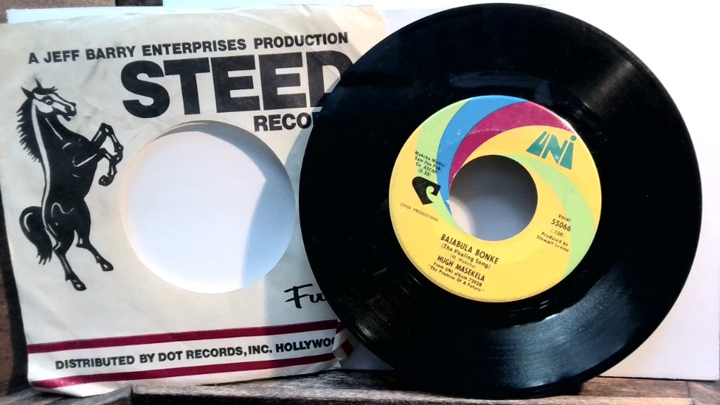 Hugh Masekela Vinyl 45 Record: Hugh Masekela, Bajabula Bonke, Grazing In The Grass, Vinyl 45 RPM Record, Uni, 55066.