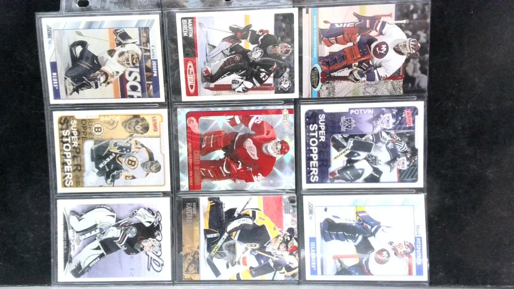 Vtg Hockey Goalie Trading Cards Assorted: Vtg Hockey Goalie Trading Cards, Incl Curtis Joseph, Martin Biron, Mark Fitzpatrick, Byron Dafoe, Chris Osgood, Felix Potvin, Andrew Raycroft, Assorted Makers, In Protective Binder Pages.