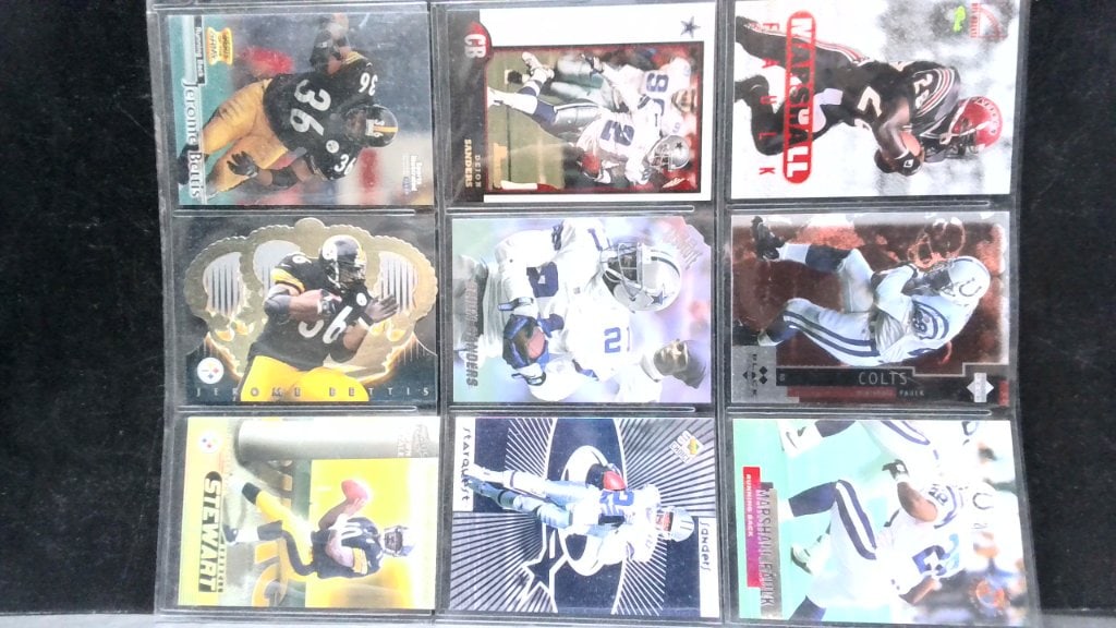 Vtg Football Trading Cards Assorted: Vtg Football Trading Cards, Jerome Bettis, Deion Sanders, Marshall Faulk, Kordell Stewart, UD Choice, Pacific Crown Royale, Sports Illustrated, Assorted Years.