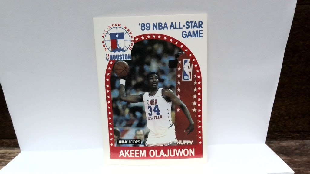 Vtg 1989 NBA Hoops Akeem Olajuwon Card: Vtg 1989 NBA Hoops Akeem Olajuwon All-Star Game Card, No 178, Houston Rockets.