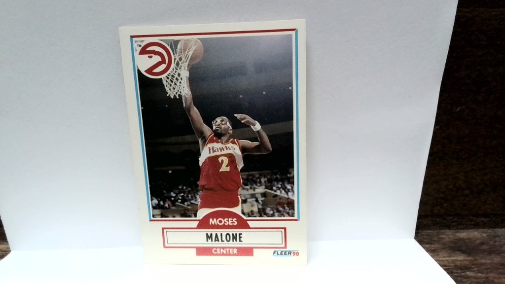 Vtg 1990 Moses Malone Fleer Card: Vtg 1990 Moses Malone Atlanta Hawks Fleer Basketball Card, No 3.
