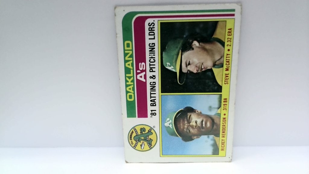 1982 Topps Oakland A's Team Checklist 156: 1982 Topps Oakland A's Team Checklist, Rickey Henderson, Steve McCatty, No 156.