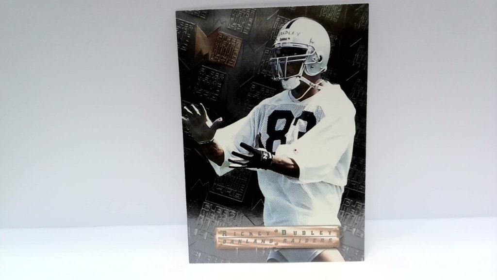 Vtg 1996 Rickey Dudley Fleer Metal Card 128: Vtg 1996 Rickey Dudley, Oakland Raiders, Fleer Metal, Football Rookie Card, No 128.