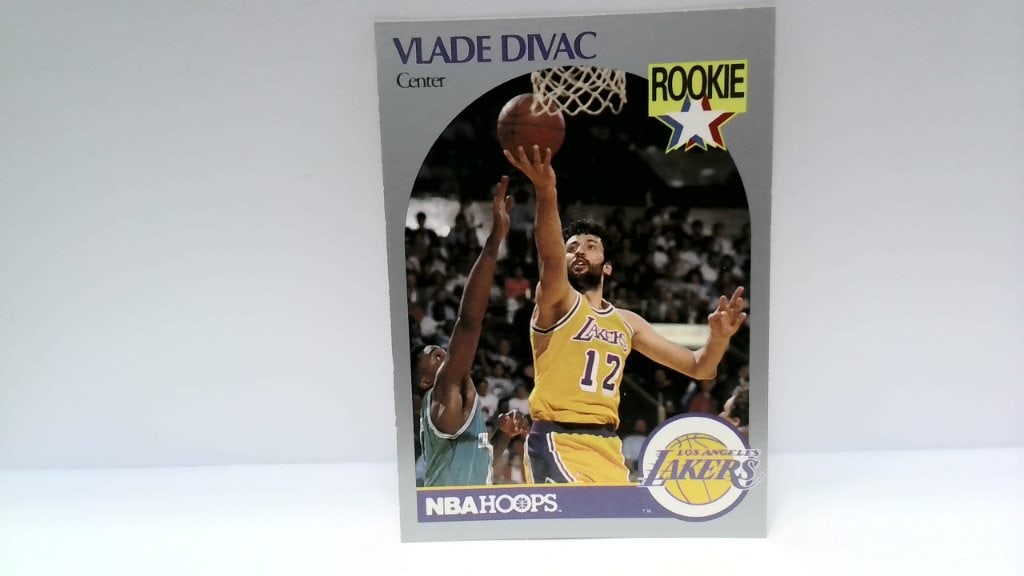 1990 Vlade Divac NBA Hoops Rookie Card: Vtg 1990 Vlade Divac, Los Angeles Lakers, NBA Hoops, Rookie Card, No 154.
