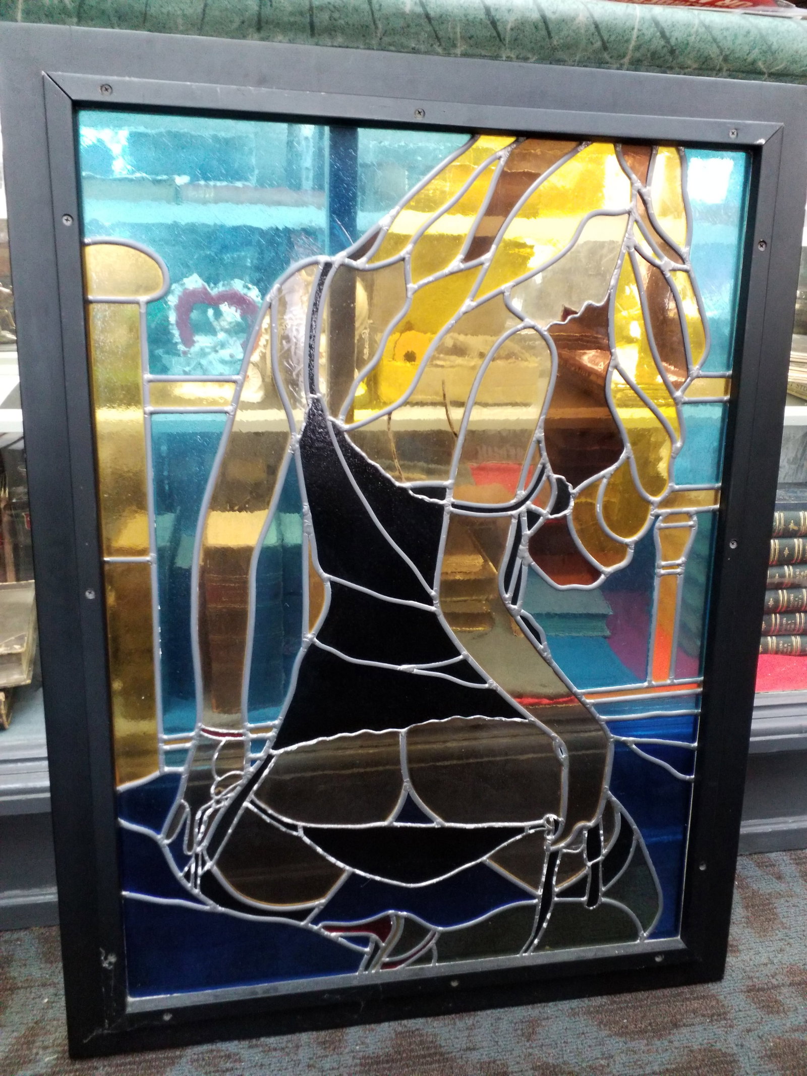 Incredible Heavy Risque Nude Woman Stained Glass Art Superbly Framed Original Art: In beautiful condition. Unknown Artist. This is a massive heavy Stained Glass piece. Very well done and solid. Incredibly eye catching . The Actual art piece measures- approx 40 inches by 30 inches. P