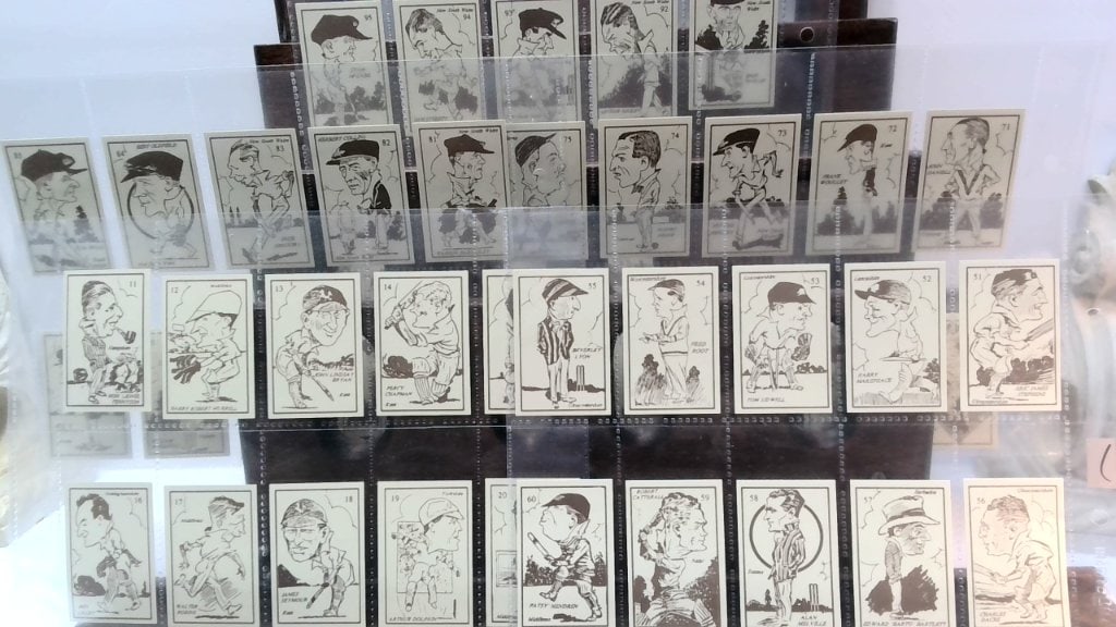 Vtg Famous Cricketers Trading Cards: Vtg Famous Cricketers, R&J Hill Ltd, Caricature Portraits, Black & White, Numbered Series, In Plastic Sleeves.