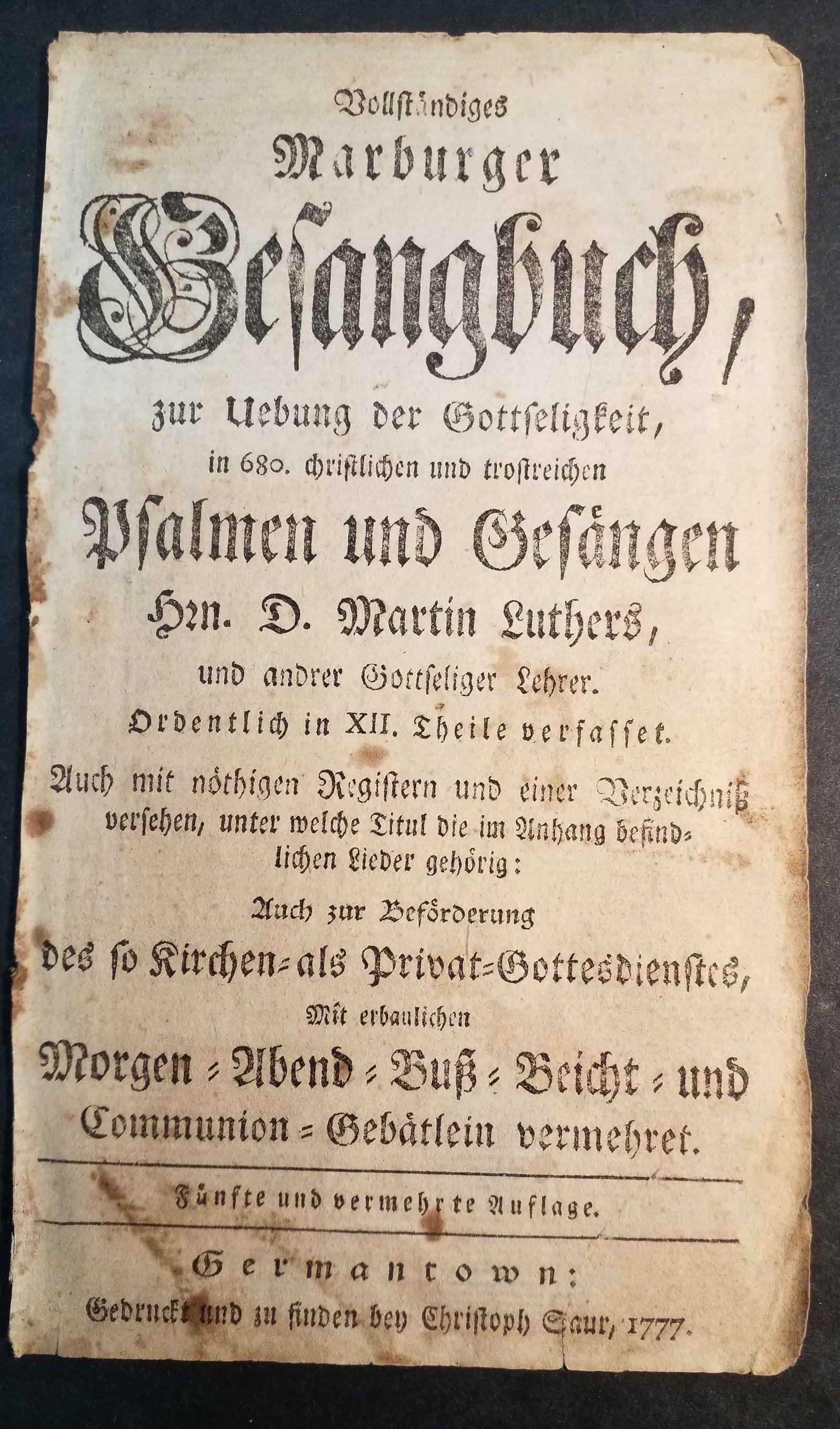 1777 The Title Page the the Christoph Saur Amercan Psalms Revolutionary War Era Bible (1 of 2)