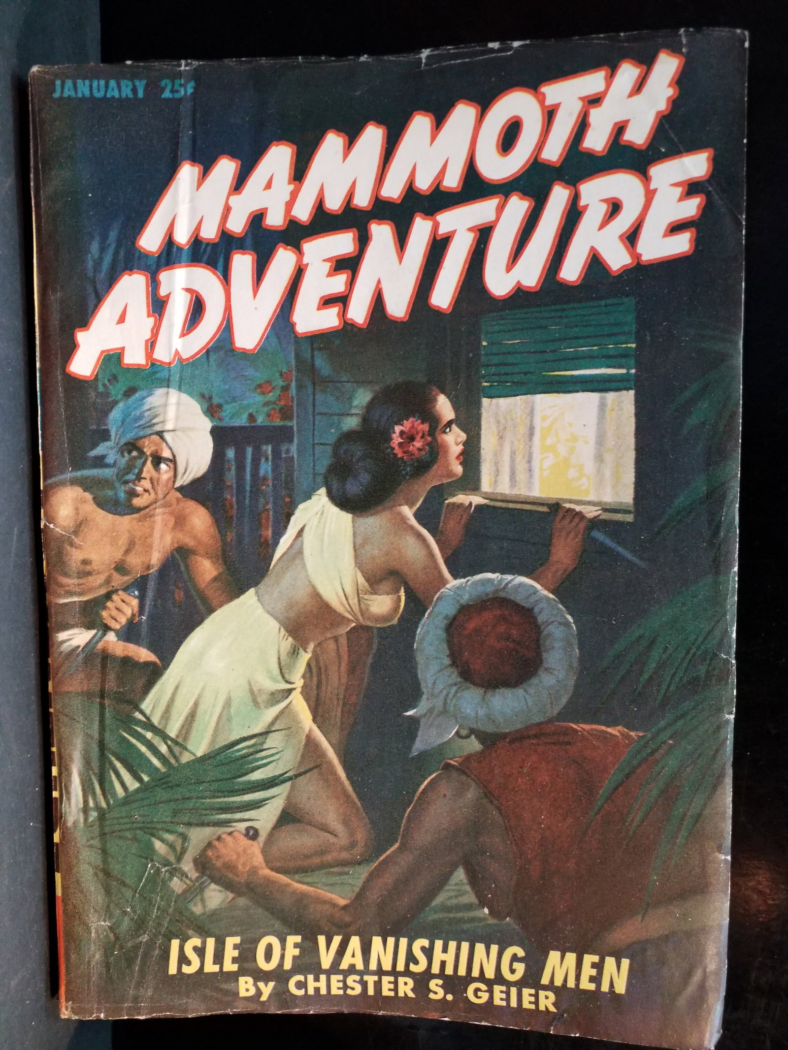Mammoth Adventure Pulp Jan. 1947 Isle of Vanishing Men by Chester Geier VG+-F: A Higher Grade Pulp, Many Early Pulps being added daily. Many in exceptional condition. The Cassock and the Sword by Tom W. Blackburn.Floating Hell by Henrietta Browne.The Tunca Puncu Nugget by Richar