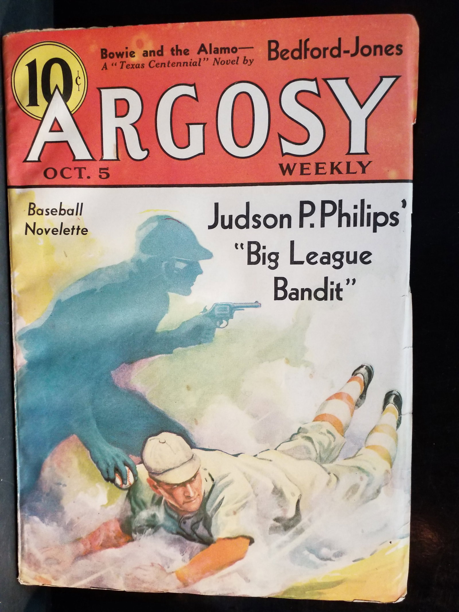Original Argosy Pulp Oct. 5 1935 Big League Bandit Judson Philips baseball Cover F+- Higher Grade: Original Pulp -Strong intact Binding , overall this pulp is doing quite well, very nice condition pulp Argosy Weekly pulp magazine from October 5, 1935, featuring the cover story "Big League Bandit" b