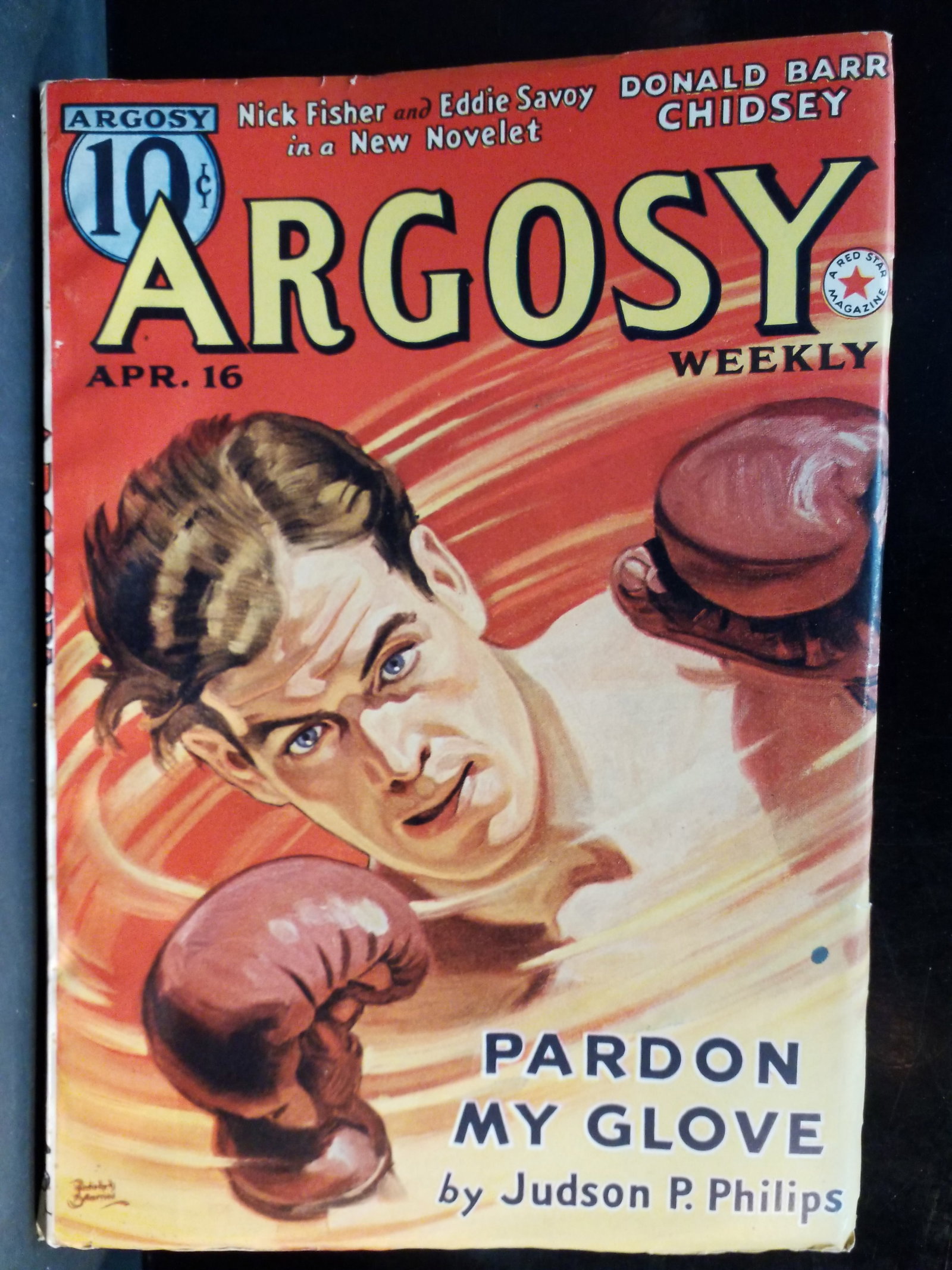 April 16 1938 Argosy Original Pulp Edgar Rice Burroughs Red Star of Tarzan High Grade F+: Original Pulp -Strong intact Binding! In VG+-F+ Higher Grade pulp- While the cover focuses on the boxing story, this specific issue is highly collectible because it contains Part 5 of 6 of the serial 