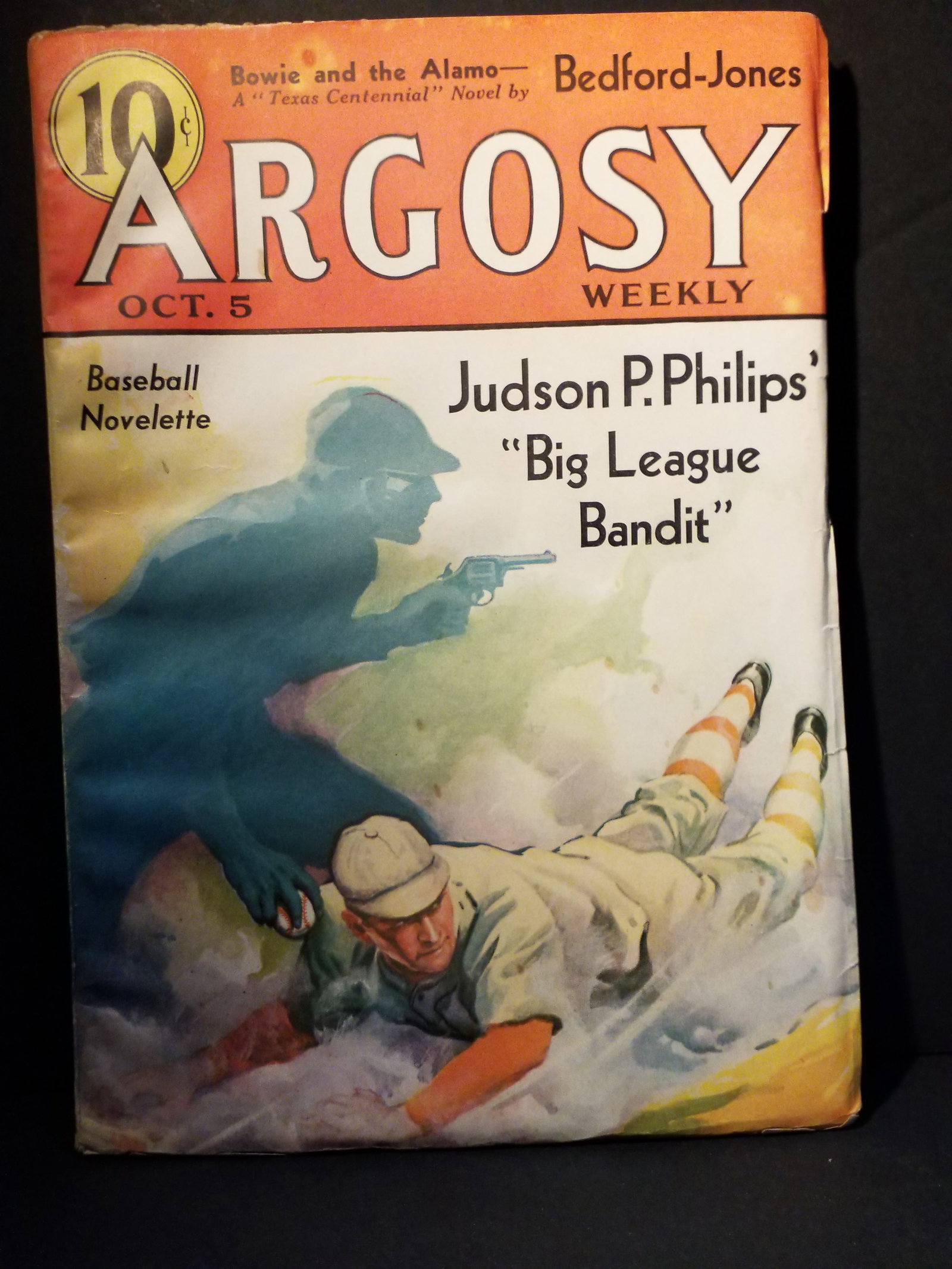 Original Argosy Pulp Oct. 5 1935 Big League Bandit Judson Philips baseball Cover F+- Higher Grade: Original Pulp -Strong intact Binding , overall this pulp is doing quite well, very nice condition pulp Argosy Weekly pulp magazine from October 5, 1935, featuring the cover story "Big League Bandit" b