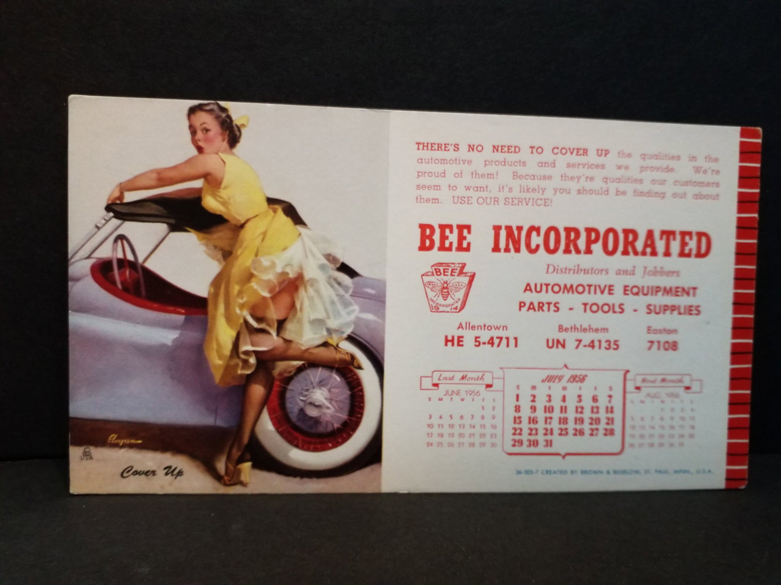 Late 1940s Early 1950s Pin Up Girl Bee incorporated Ad Ink Blotter "Cover Up": Very Nice ink blotter, created by Brown and Bigelow, Please view pictures.