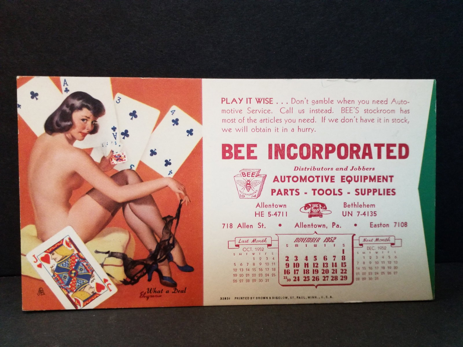 Late 1940s Early 1950s Pin Up Girl Bee incorporated Ad Ink Blotter "What a Deal": Very Nice ink blotter, created by Brown and Bigelow, Please view pictures.
