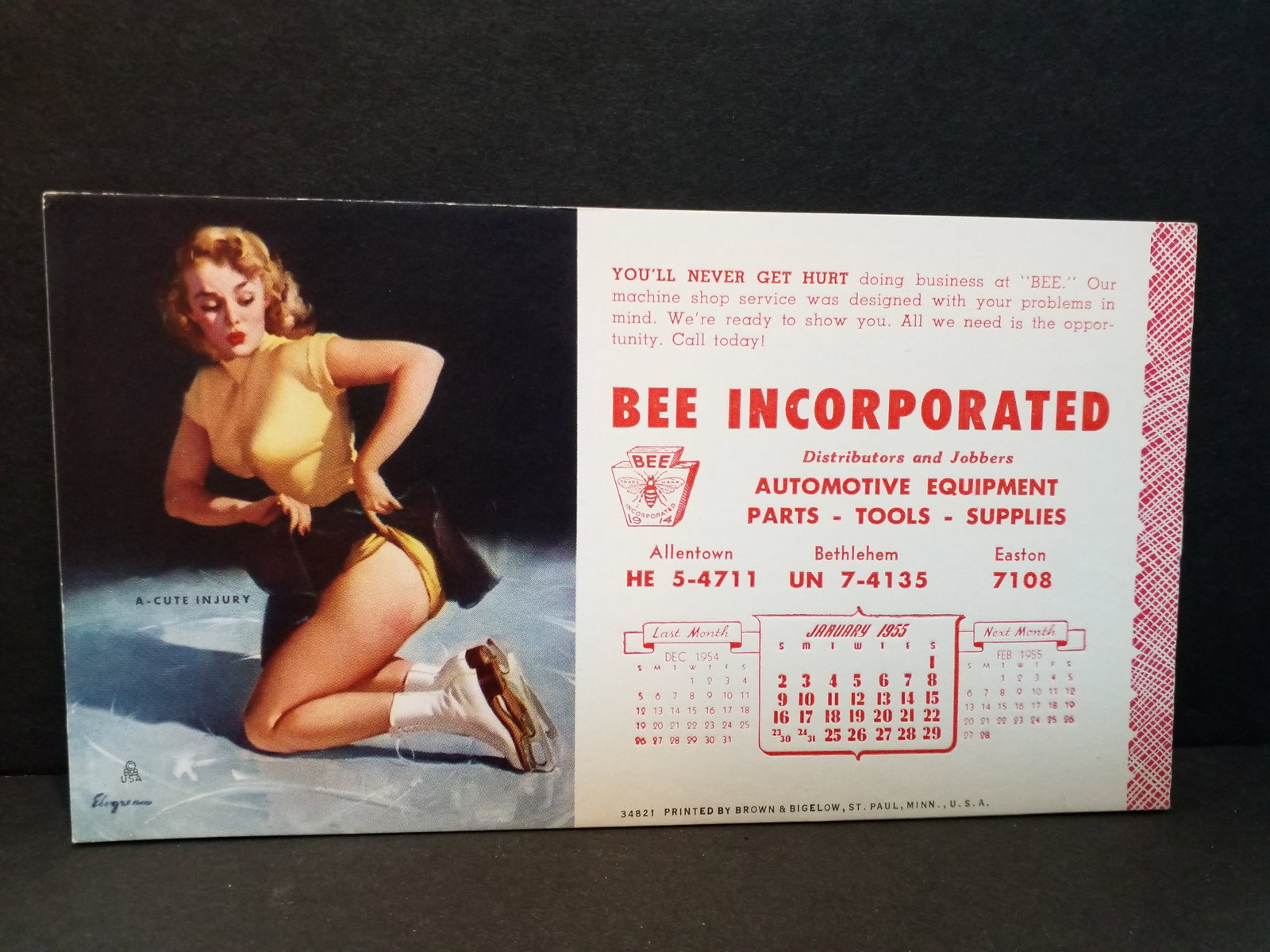 Late 1940s Early 1950s Pin Up Girl Bee incorporated Ad Ink Blotter "A Cute Injury": Very Nice ink blotter, created by Brown and Bigelow, Please view pictures.