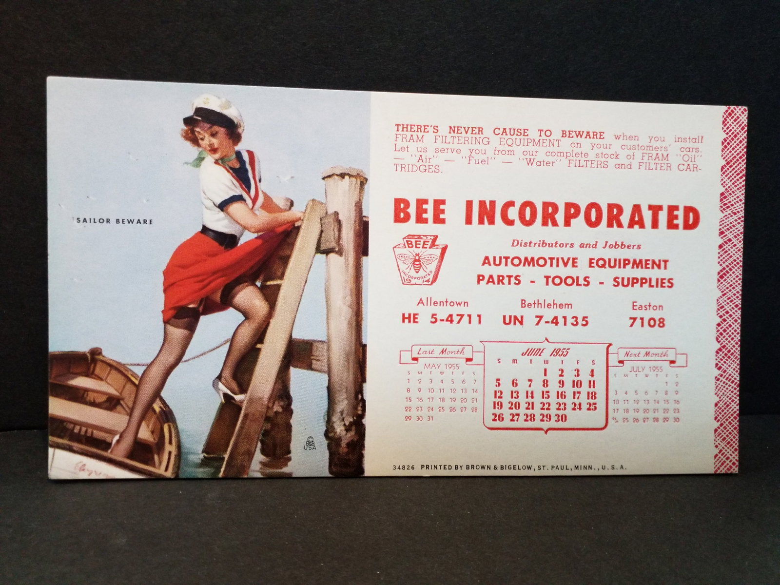 Late 1940s Early 1950s Pin Up Girl Bee incorporated Ad Ink Blotter "Sailor Beware": Very Nice ink blotter, created by Brown and Bigelow, Please view pictures.