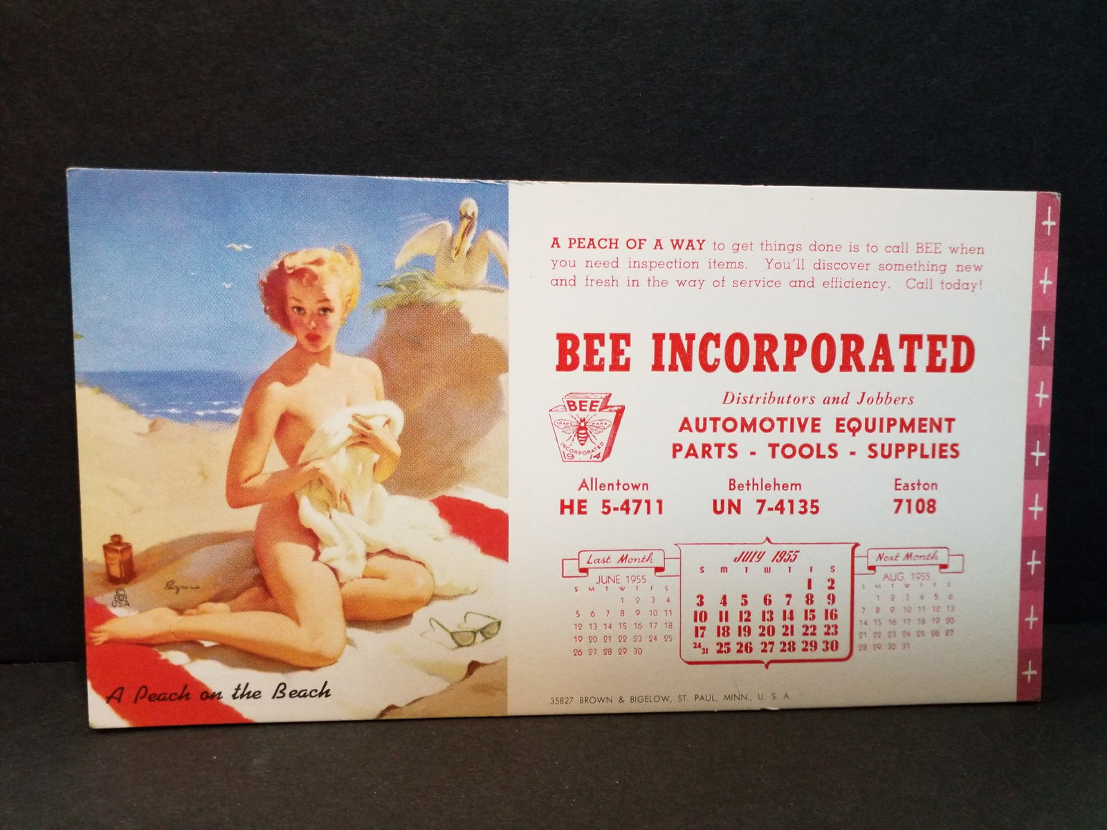 Late 1940s Early 1950s Pin Up Girl Bee incorporated Ad Ink Blotter "A Peach on the Beach": Very Nice ink blotter, created by Brown and Bigelow, Please view pictures.