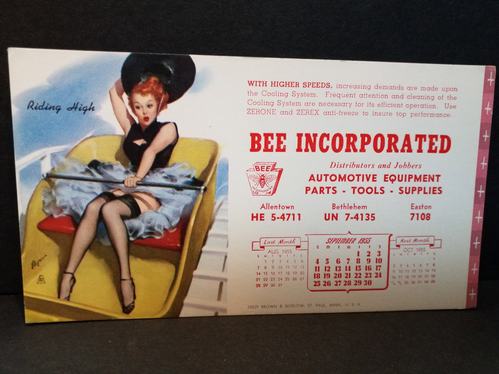 Late 1940s Early 1950s Pin Up Girl Bee incorporated Ad Ink Blotter "Riding High": Very Nice ink blotter, created by Brown and Bigelow, Please view pictures.