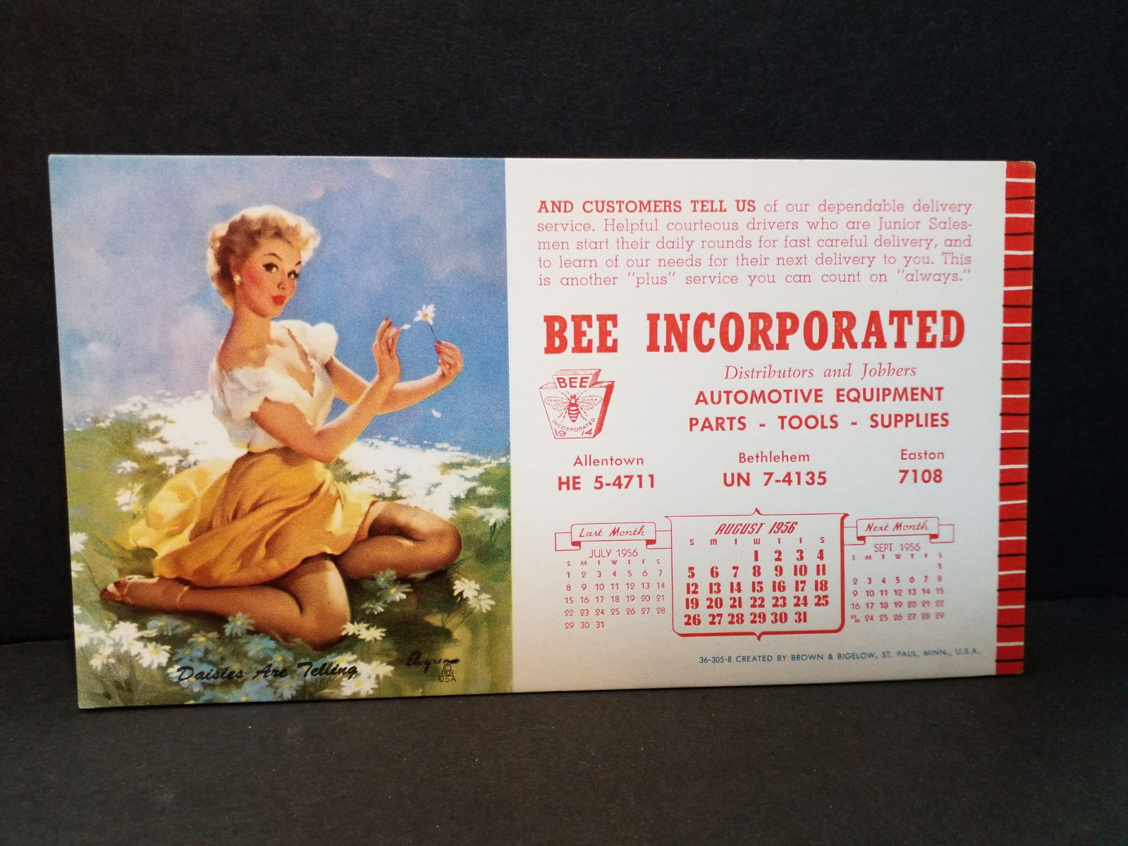 Late 1940s Early 1950s Pin Up Girl Bee incorporated Ad Ink Blotter "Daisies are Telling": Very Nice ink blotter, created by Brown and Bigelow, Please view pictures.