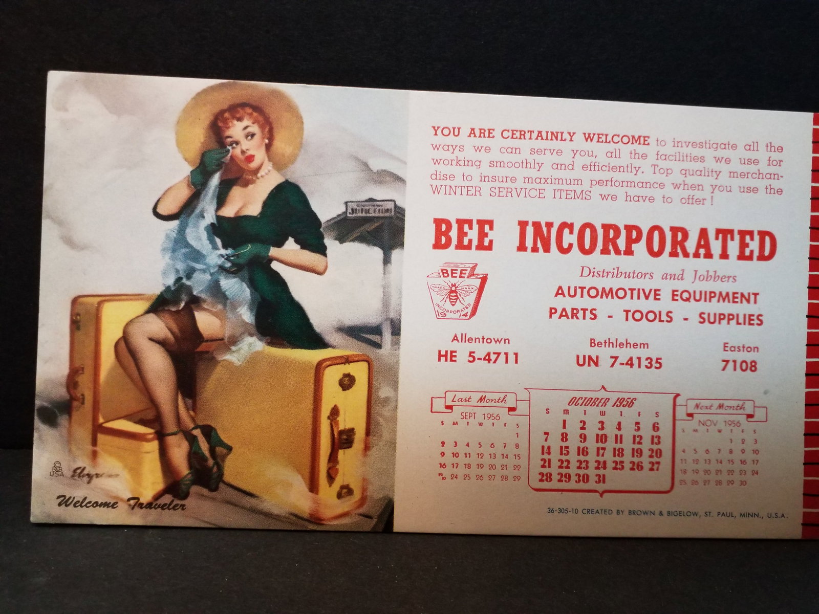 Late 1940s Early 1950s Pin Up Girl Bee incorporated Ad Ink Blotter "Welcome Traveller": Very Nice ink blotter, created by Brown and Bigelow, Please view pictures.
