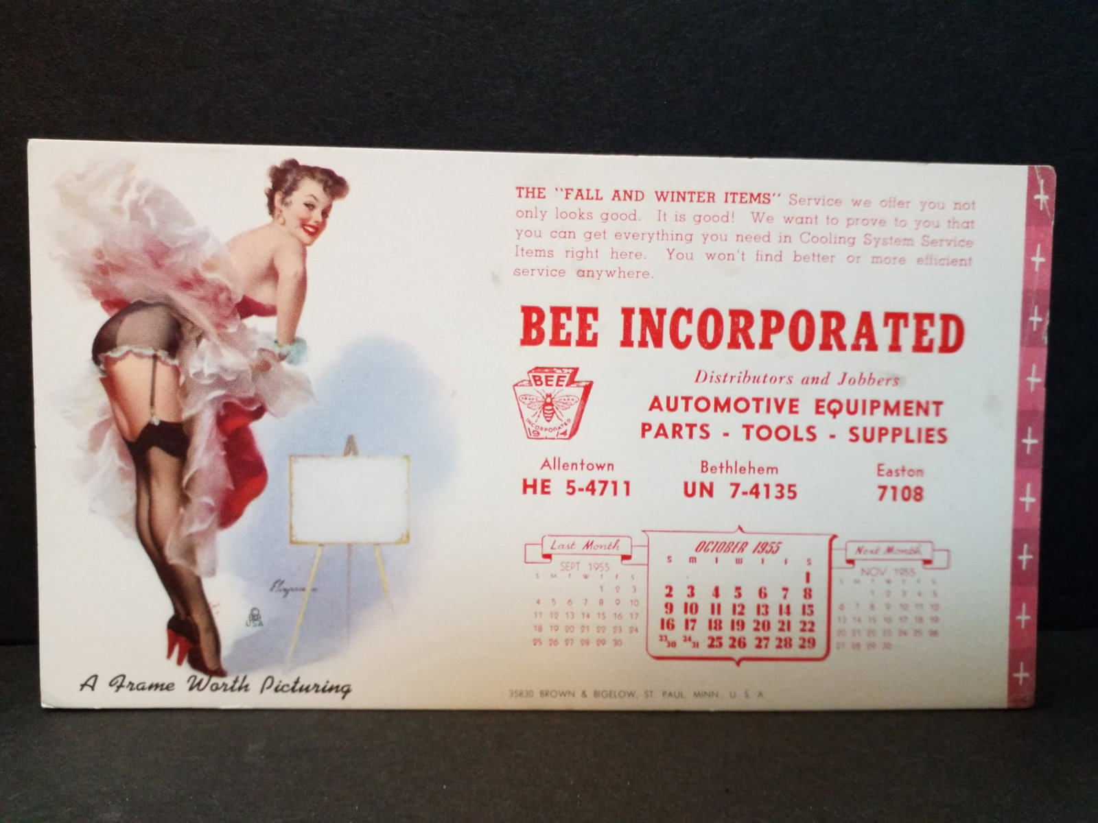 Late 1940s Early 1950s Pin Up Girl Bee incorporated Ad Ink Blotter "A Frame Worth Picturing" (1 of 2)