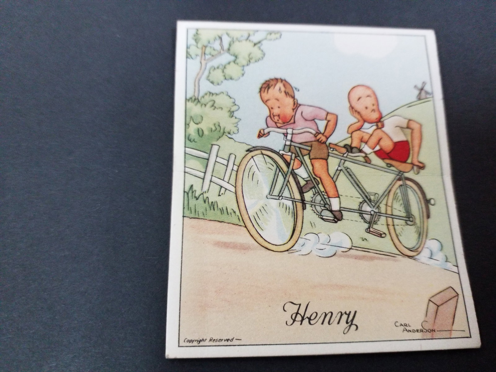 1935 HENRY Comic Tobacco card J. WIX & SONS LTD. Double Bicyclists (1 of 2)