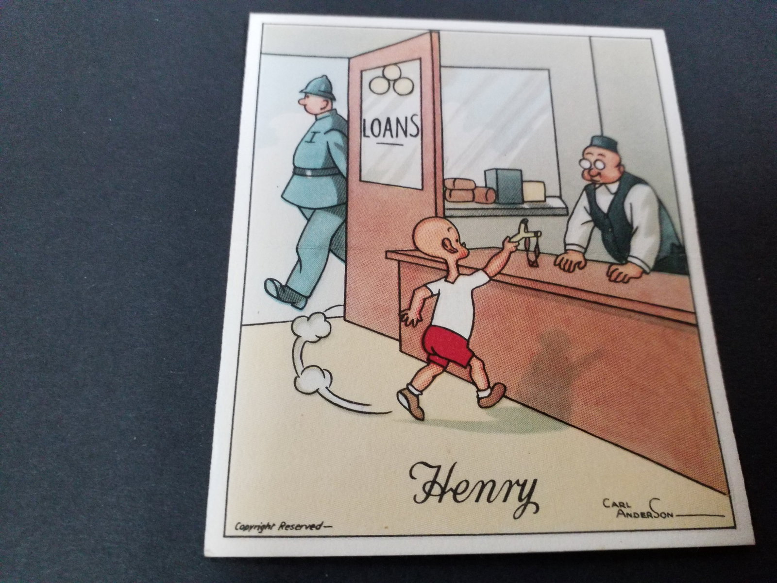 1935 Henry Humorous tobacco Comic Card J Wix & Sons LTD Bank Loans: Original COMIC strip artwork Henry CARD SIZE 3 1/8 x 2 5/8 INCHES!TOBACCO CARD IS IN ONLY GOOD , creased in middle as the majority of Henry Cards were. These are original cigarette cards most predate 