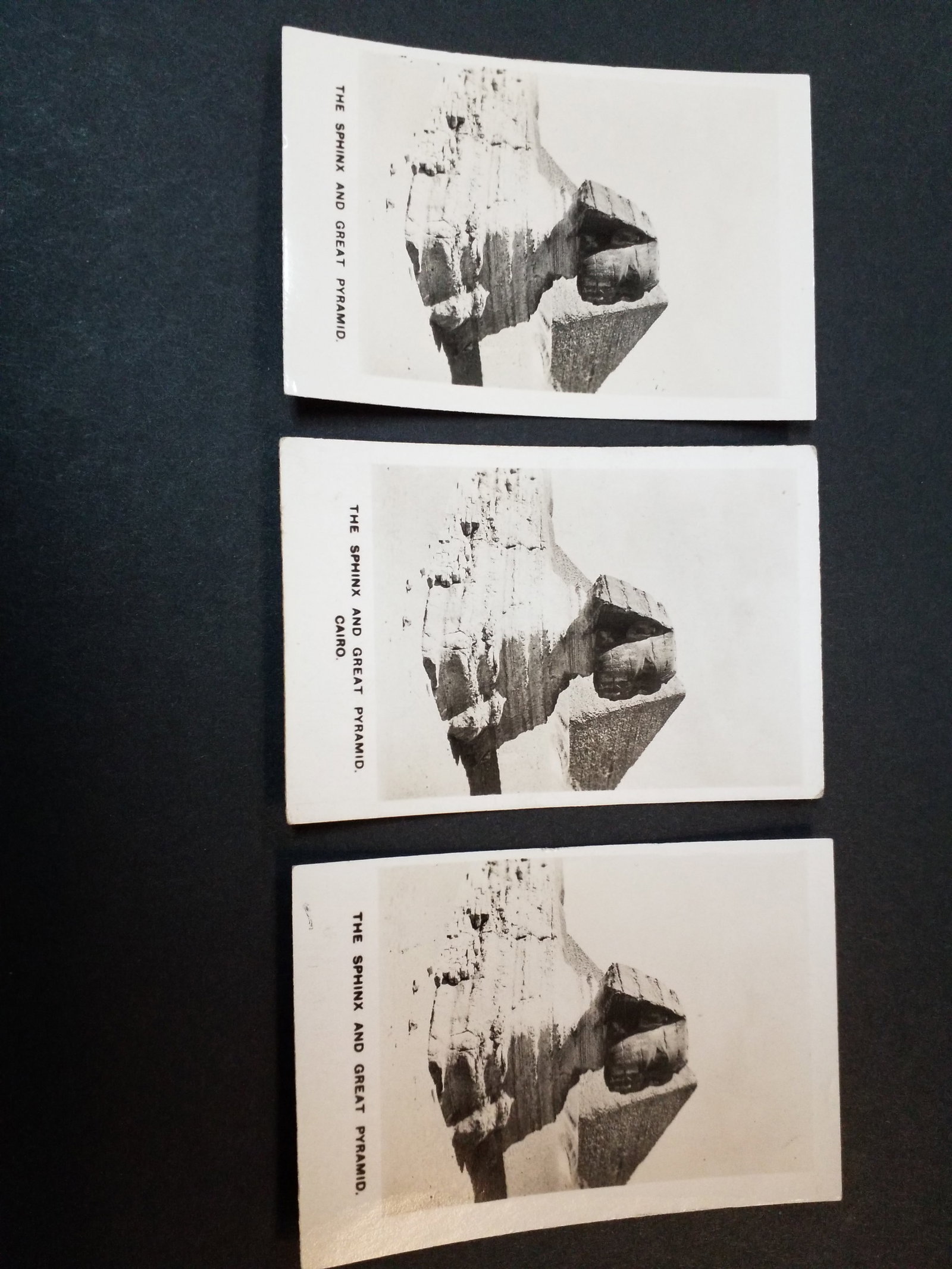 3 Tobacco cards 1928 The Sphinx and Great Pyramids Cairo Real Photo Cavanders Army Club Cigarettes: Original Real Photo large format Peeps into Many Lands Tobacco card(s) In Very Good Condition