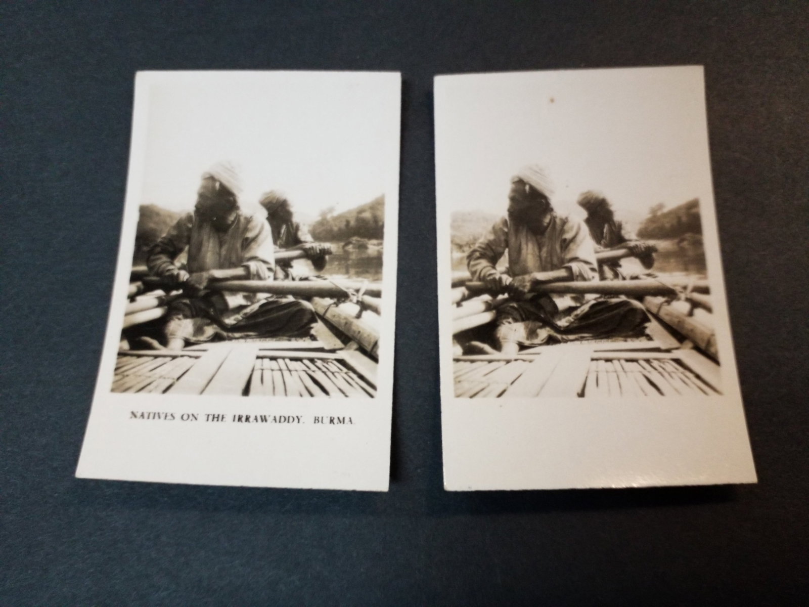2 Tobacco cards Natives on the Irrawaddy Burma Real Photo Cavanders Army Club Cigarettes: Original Real Photo large format Peeps into Many Lands Tobacco card(s), great original cards for grading, In Very Good Condition