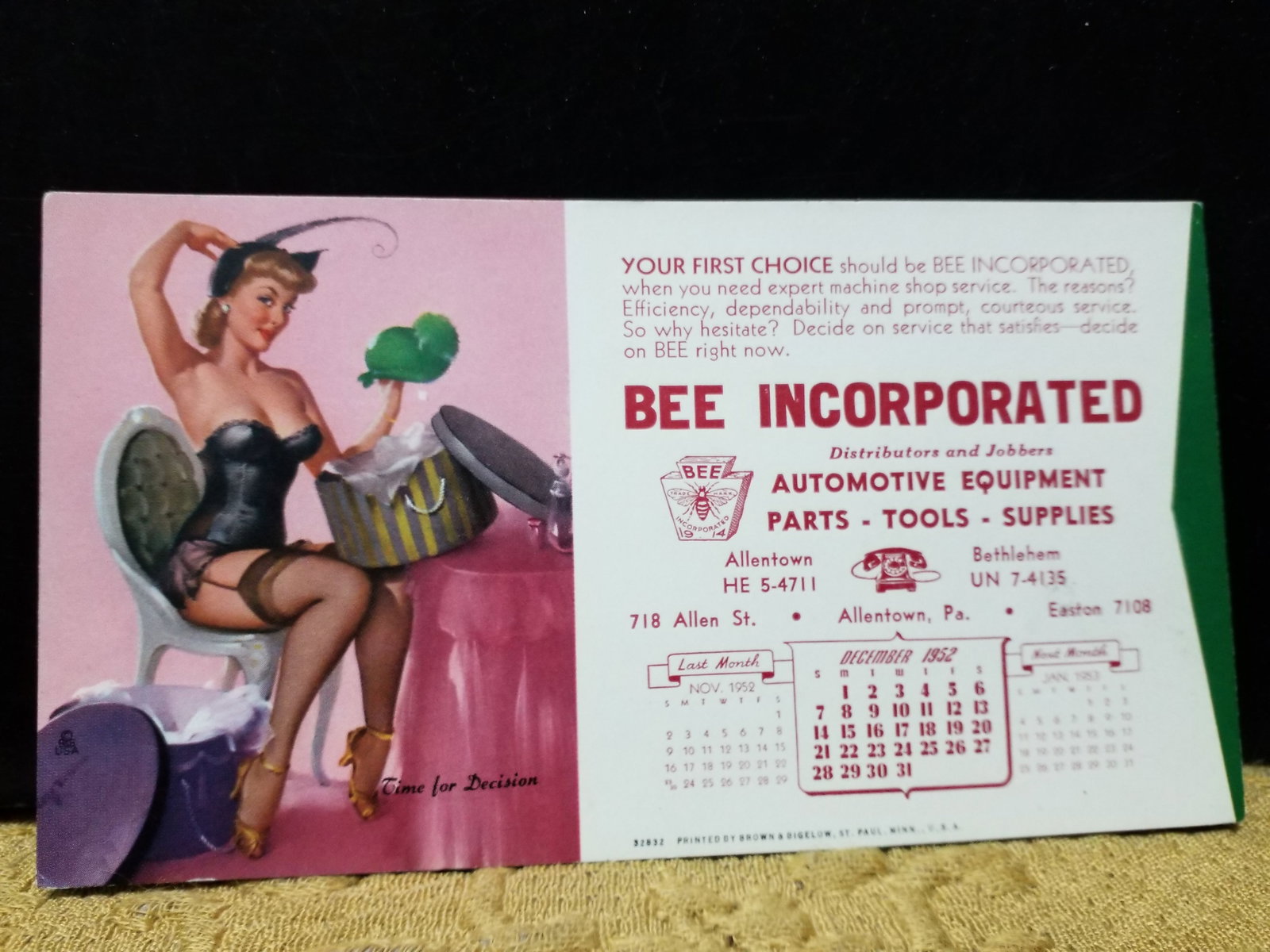 Early 1950s Risque Pin Up Blotter " Time for Decision" Scarce in VF+ condition (1 of 2)