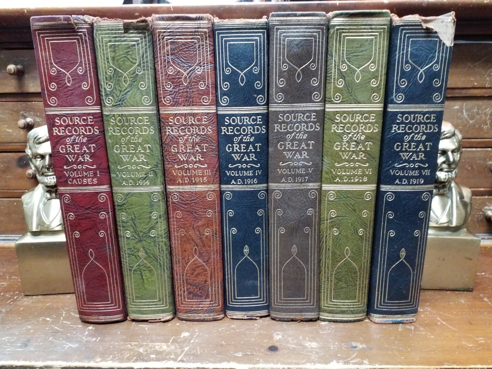 1923 Decorative and Illustrated Leather Volume Set Charles F. Horne's The Great War 7 vols: Each volume, very attractive, beautifully illustrated, one of the volumes have upper spine head chipping but still overall this set is quite eye catching. Approx total for the 7 volumes contains 13000
