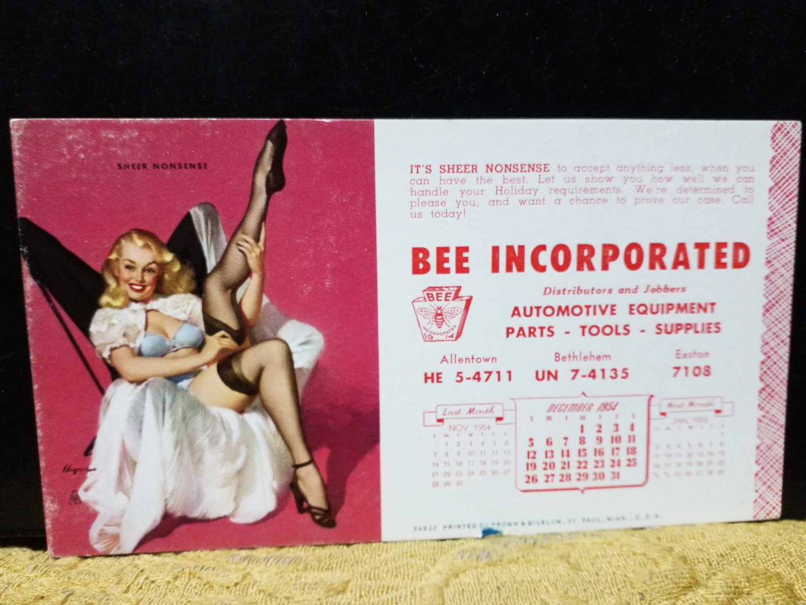 Early 1950s Risque Pin Up Blotter " Sheer Nonesense Stockings legs" Scarce in VF+ condition: Early 1950s Original Pin Up Blotter in Excellent condition. Virtually Untouched. Highly Collectible. Other Pin up Blotters Available.