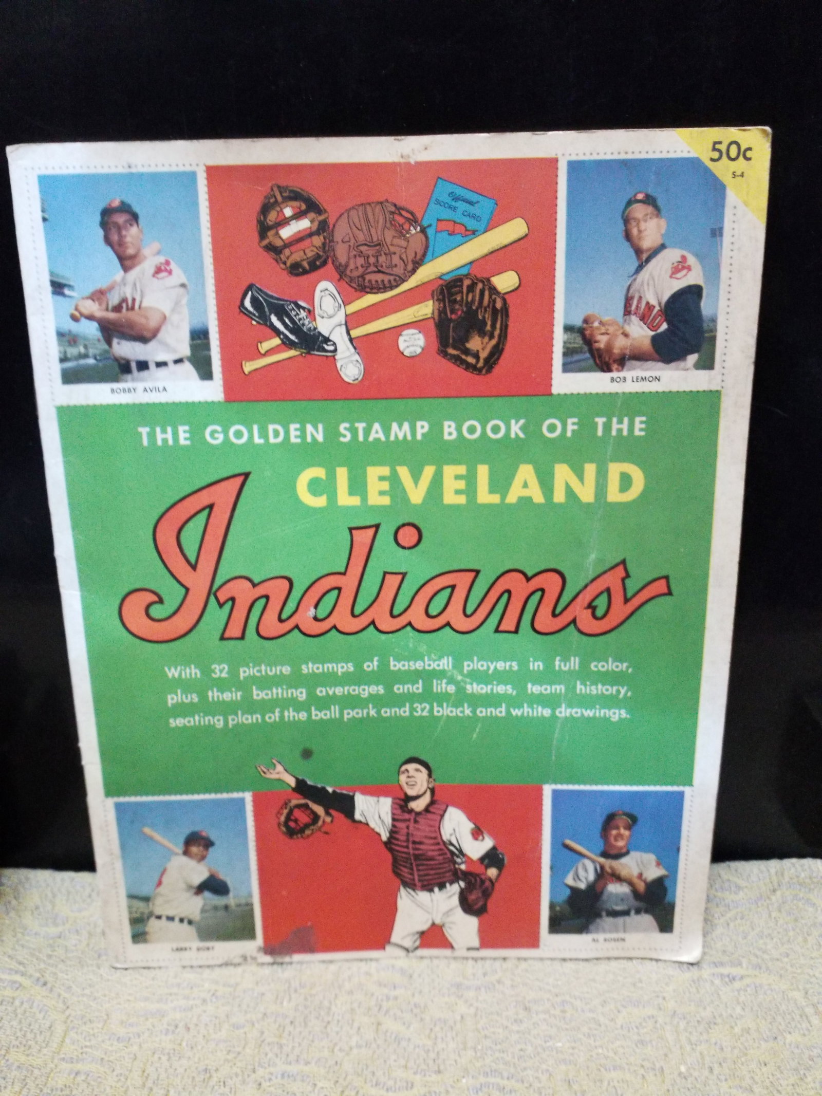1955 Golden Stamp Book Cleveland Indians with original stamp Scarce VG+: The Golden Stamp Book Of The Cleveland Indians, Simon And Schuster, 1955, Includes Player Biographies, Team History, And Color Stamps Of Players.
