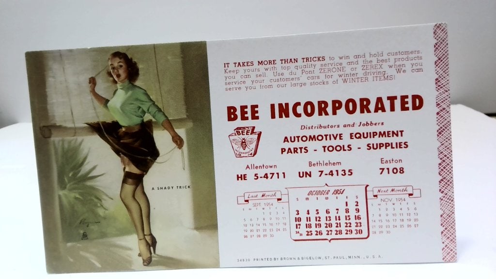 Vtg Bee Incorporated 1954 Pin-Up Calendar: Vtg Bee Incorporated Advertising Calendar, October 1954, Pin-Up Art By Brown & Bigelow, A Shady Trick.