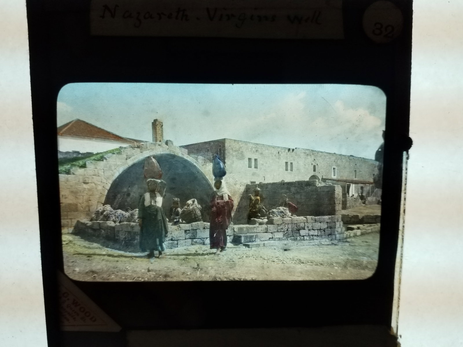 1870s magic Lantern Glass Photo Slide Colored Virgins Well in Nazareth: Identified, Original Slide