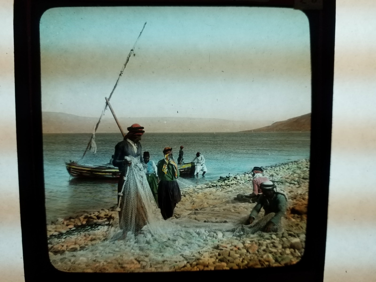 Fishermen Mending Nets in the Holy Lands 1870s magic Lantern Glass Photo Slide Colored (1 of 1)